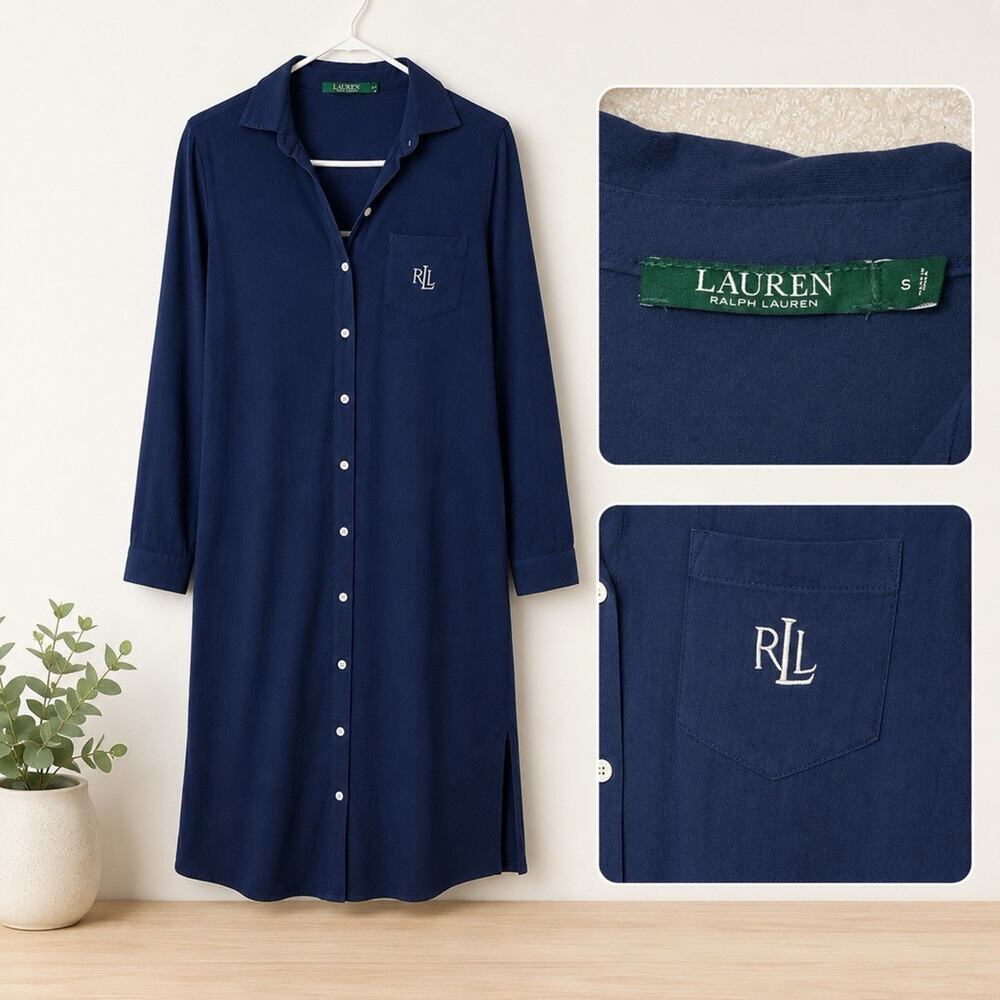 Lauren Ralph Lauren Women's Blue S Nightgown Monogram Long Sleeve LRL Sleepwear